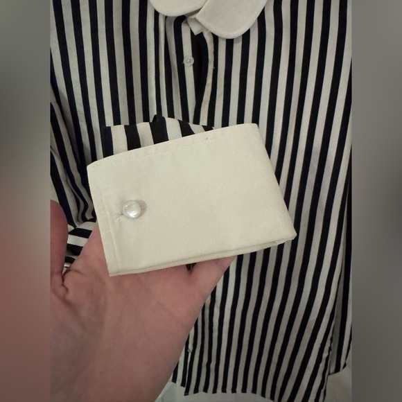 Black and White Striped Button-Up Shirt 100% Silk Shirt - Picture 3 of 4